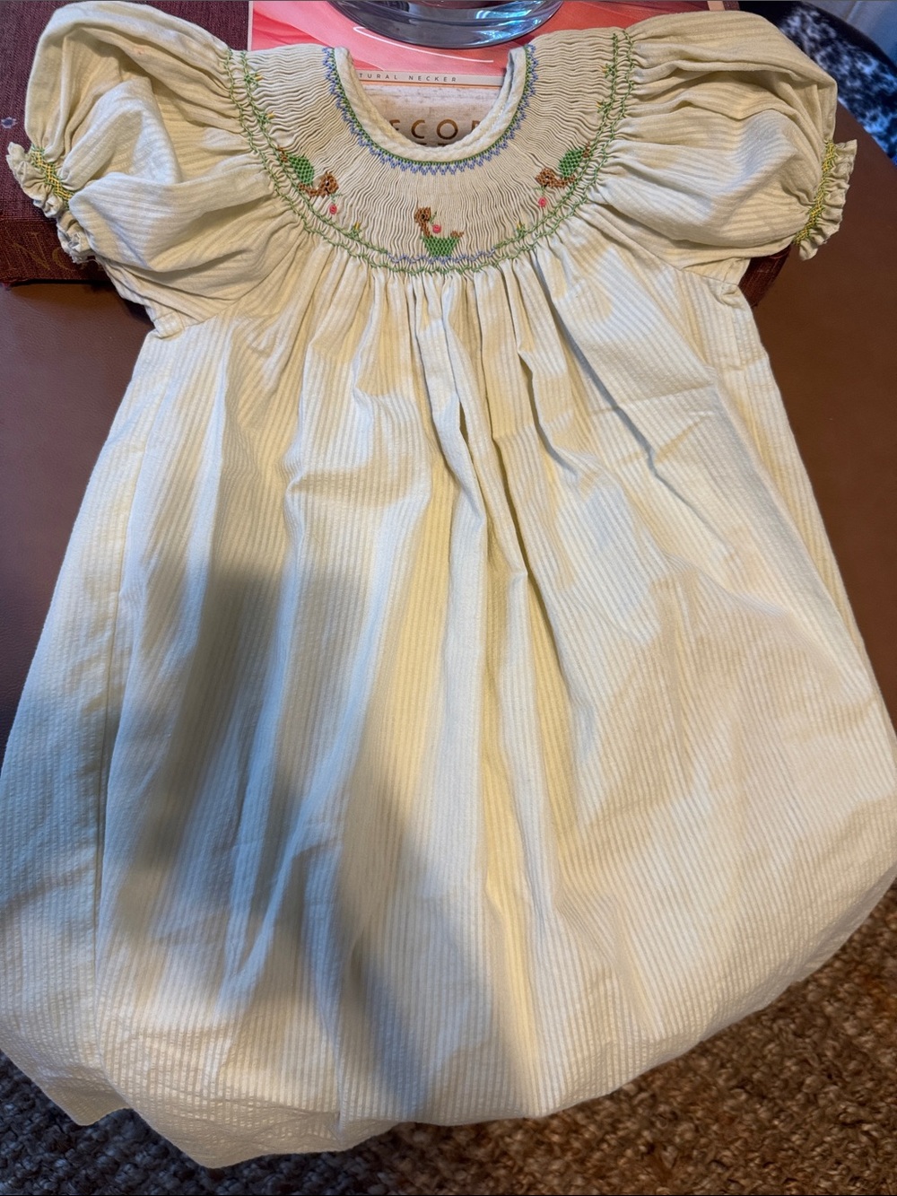 Smocked Puff Sleeve Baby Dress in Cream with Floral turtle Accents